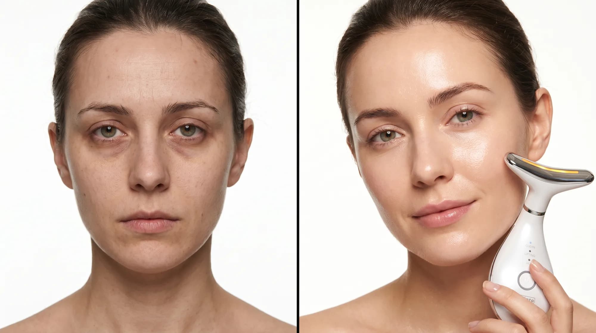 Before and after using the VIMINTO 3-in-1 Face Massager, results from consistent daily use