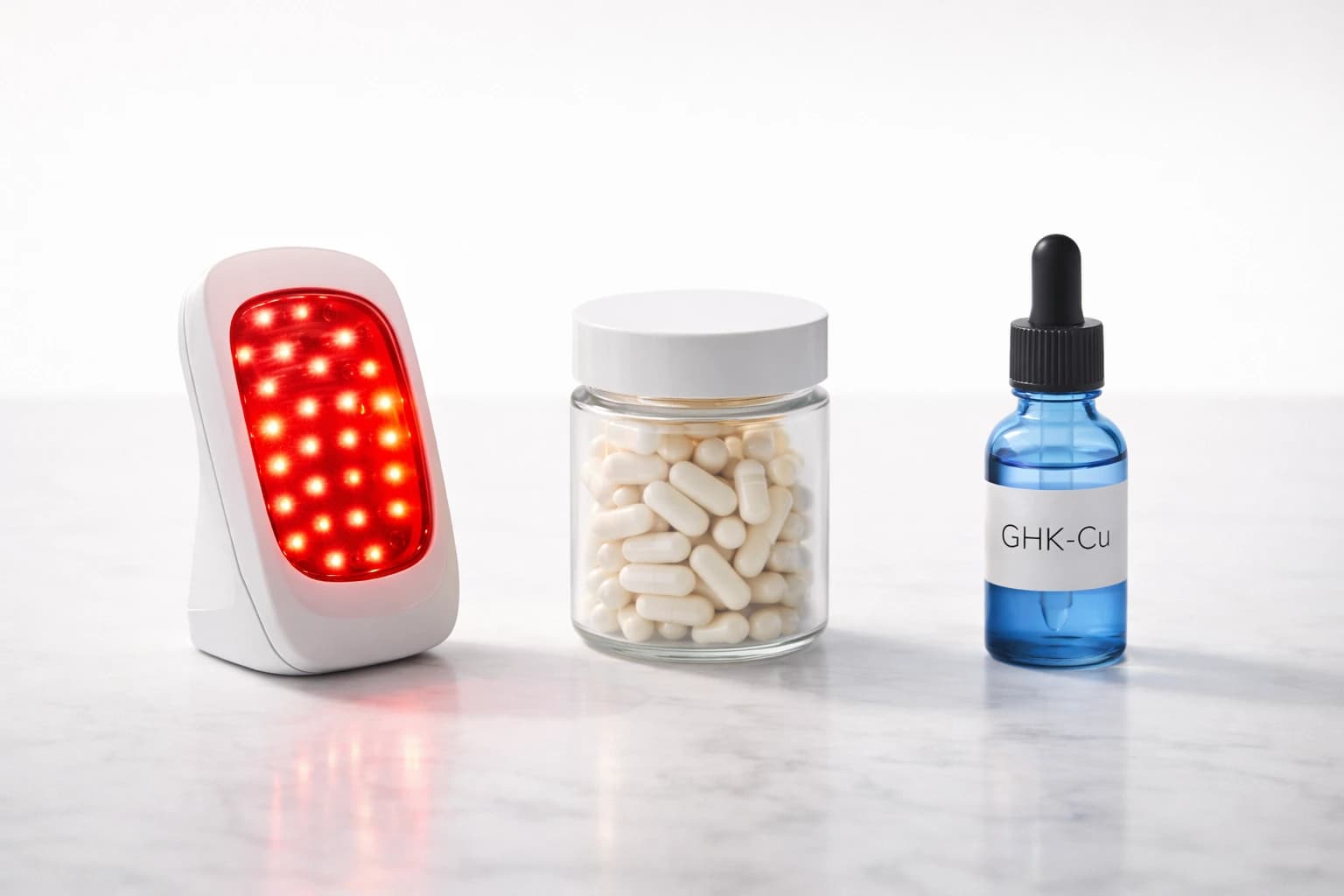 Three collagen production methods displayed on marble surface: red LED light therapy device with glowing lights, marine collagen peptide supplement jar, and copper peptide serum bottle showing complete collagen activation system