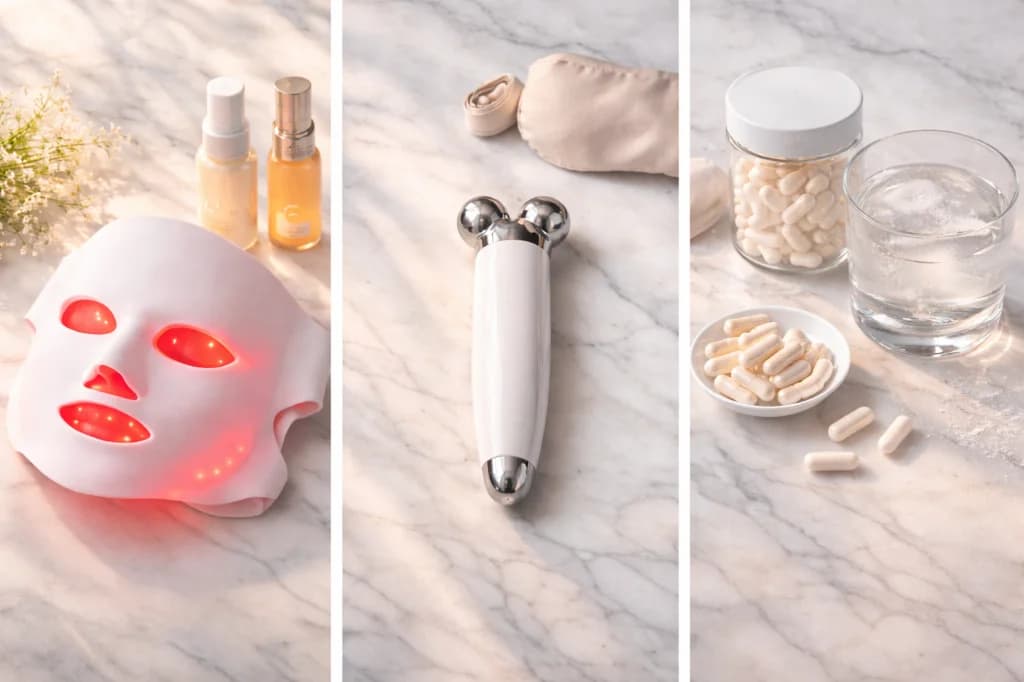 Three-panel flat lay showing LED face mask with red light, microcurrent facial device, and collagen supplements on white marble vanity