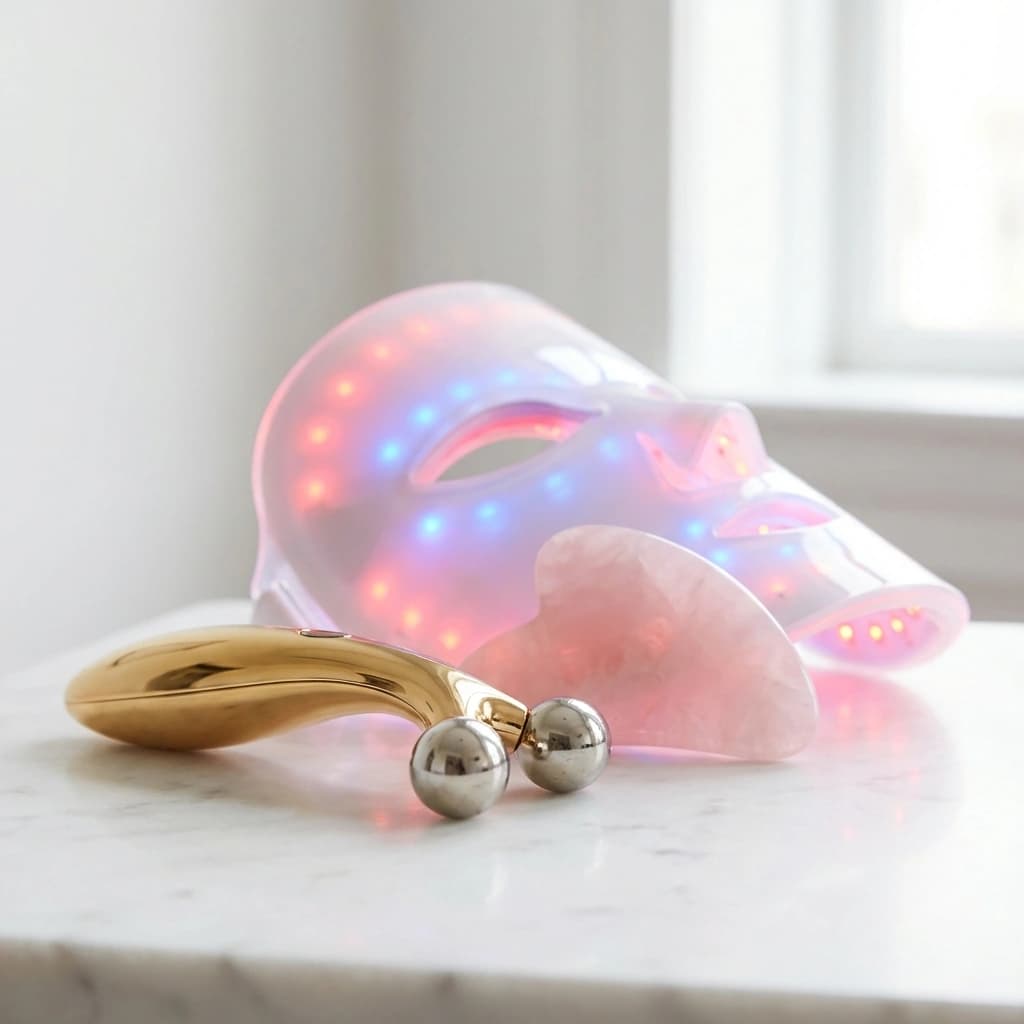 Three facial beauty devices on marble: microcurrent wand, rose quartz gua sha, and LED therapy mask