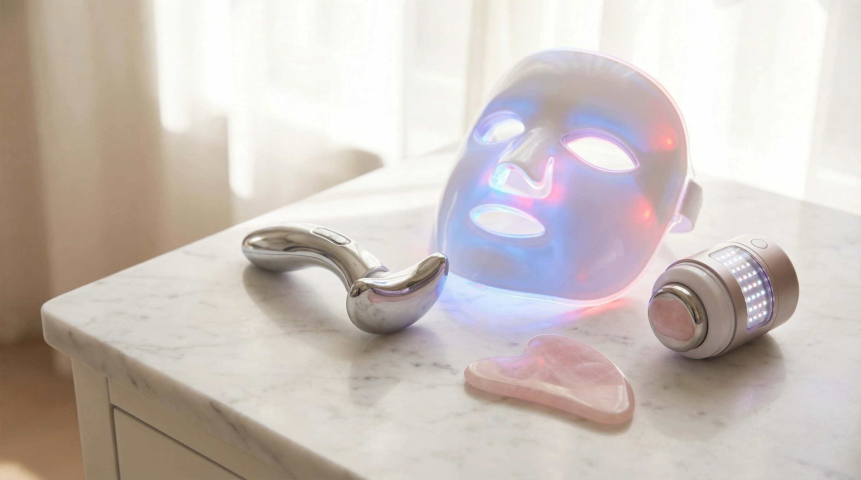 Various facial massager types arranged on marble: handheld device, LED mask, gua sha, and combo tool