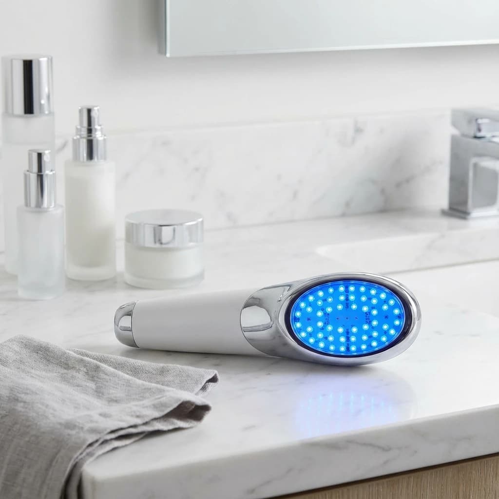 Professional LED light therapy device emitting blue light for acne treatment on premium skincare vanity