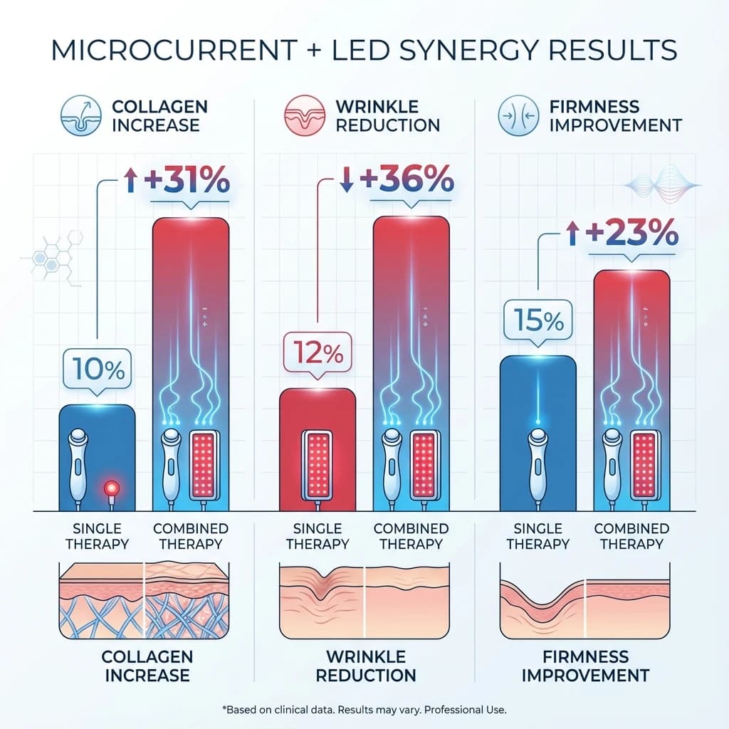 Clinical study results showing microcurrent + LED synergy collagen production improvements