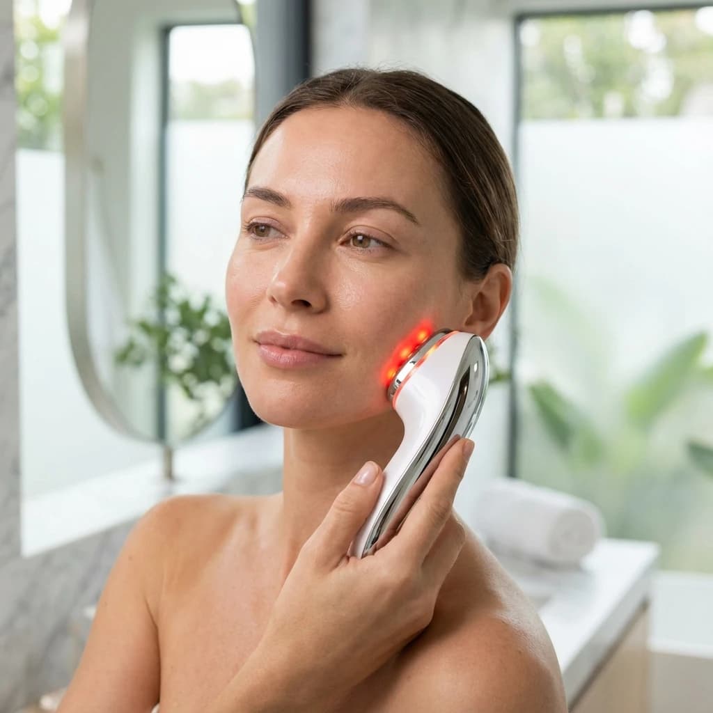 Woman using microcurrent and LED therapy device for daily anti-aging protocol