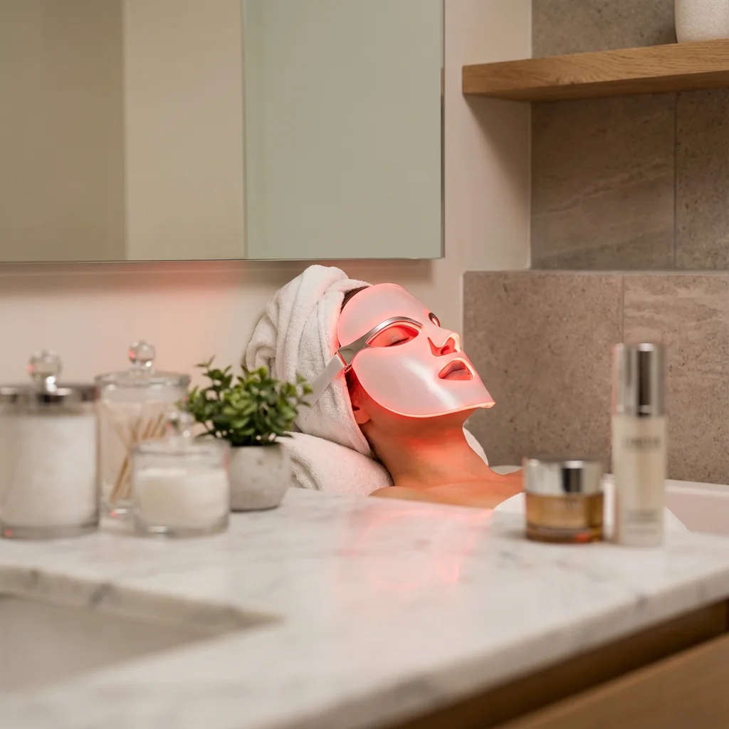Woman using red light therapy device for skin rejuvenation