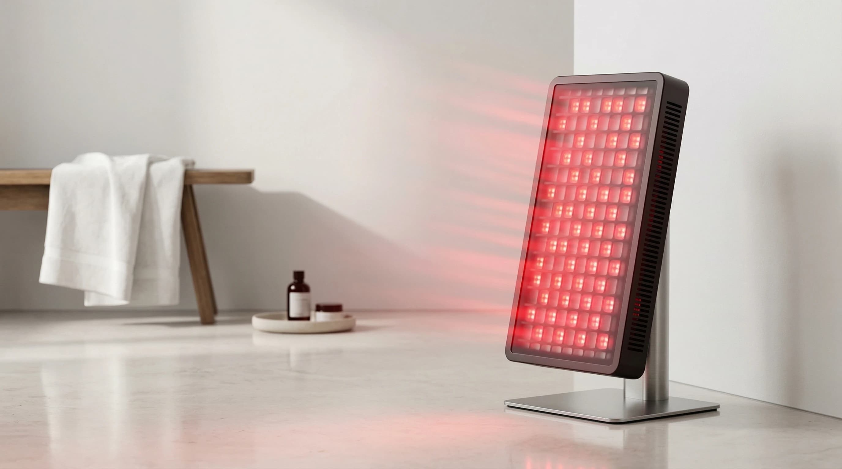 Professional red light therapy panel glowing with red and infrared wavelengths in a modern wellness setting
