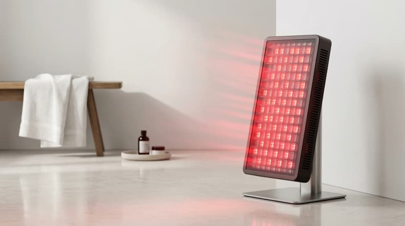 Professional red light therapy panel glowing with red and infrared wavelengths in a modern wellness setting