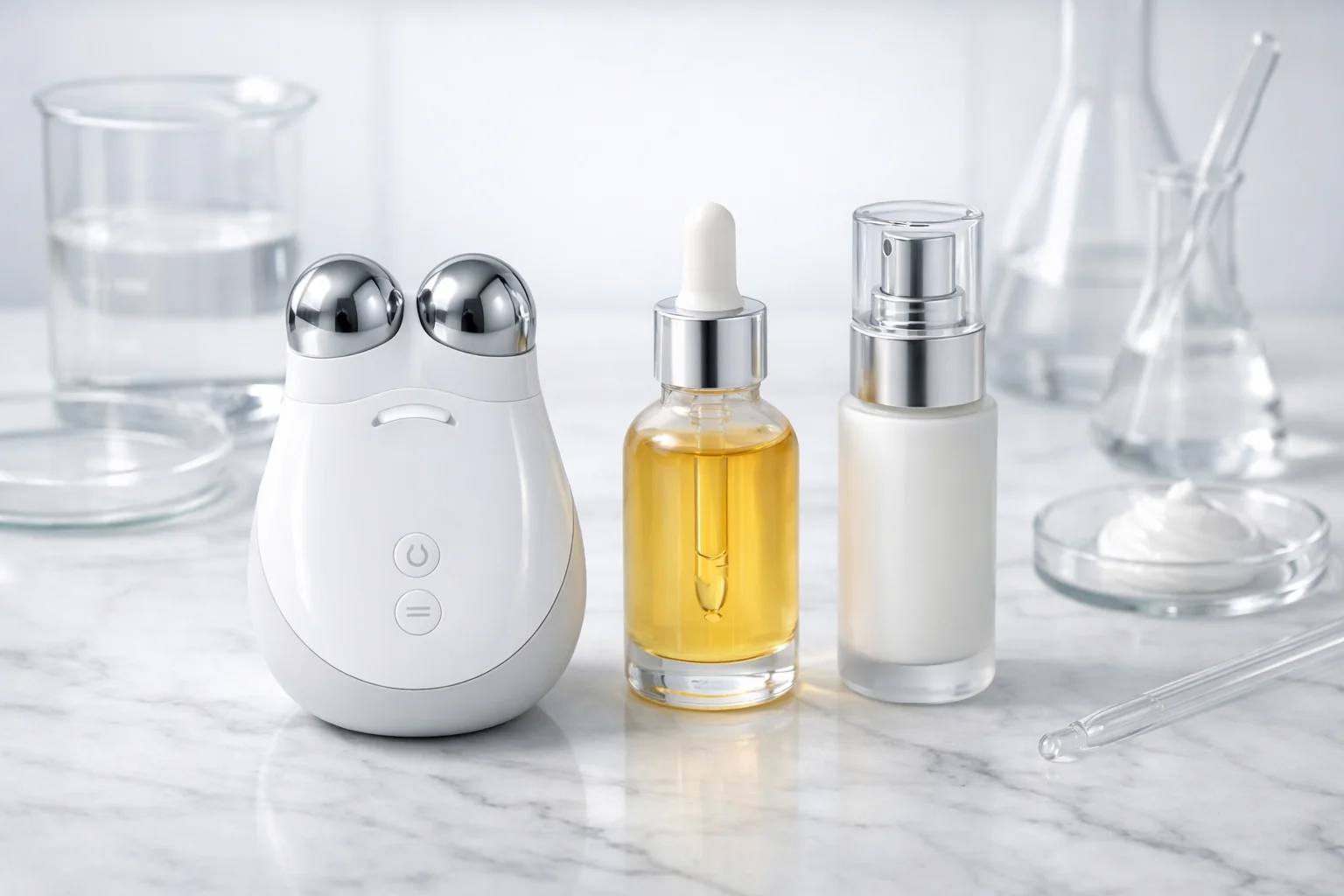 Woman using facial massage device for anti-aging treatment