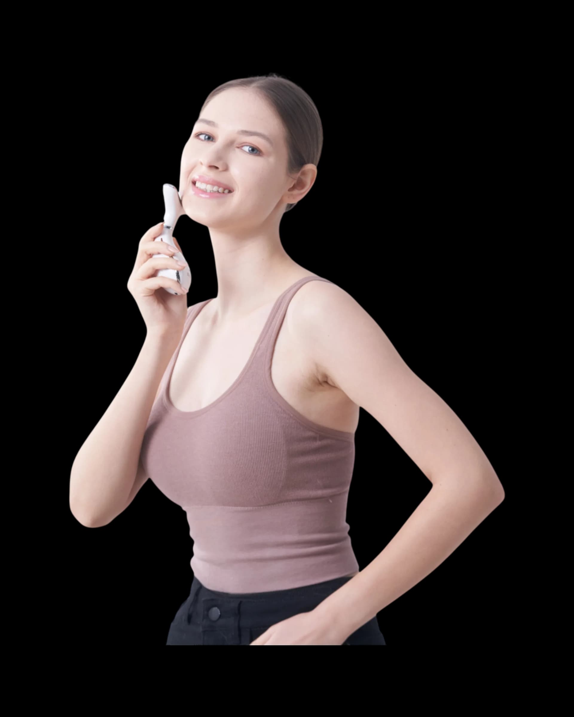 Woman using Viminto red light therapy beauty device for skin rejuvenation