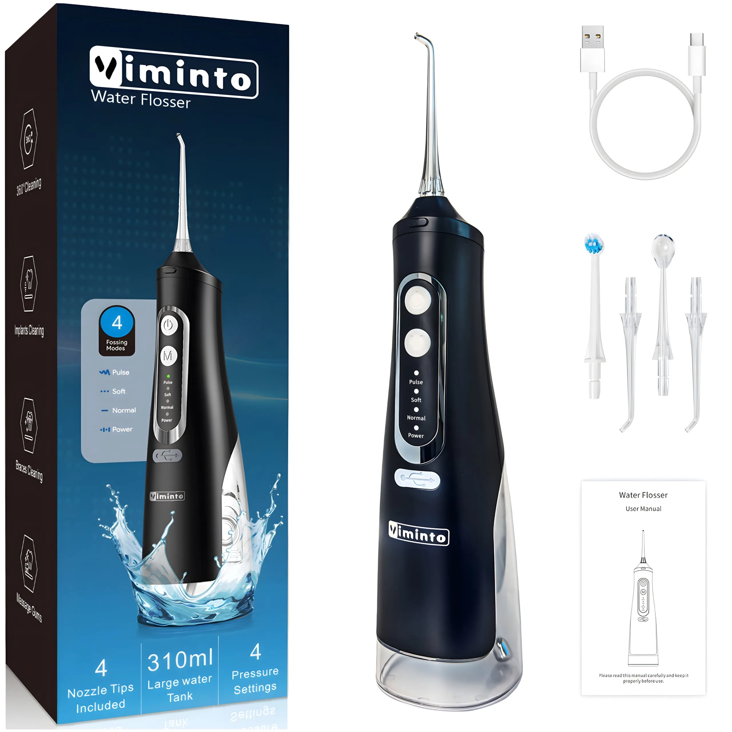 VIMINTO Portable Cordless Water Flosser - Black with Jet Tips and Accessories