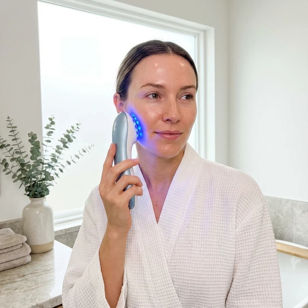 Woman using handheld LED therapy device for acne treatment daily protocol