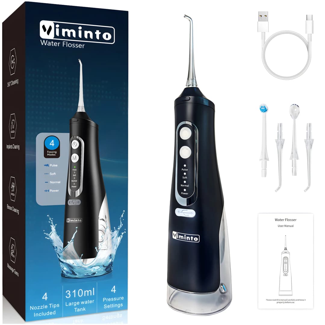 VIMINTO Portable Cordless Water Flosser, black with jet tips
