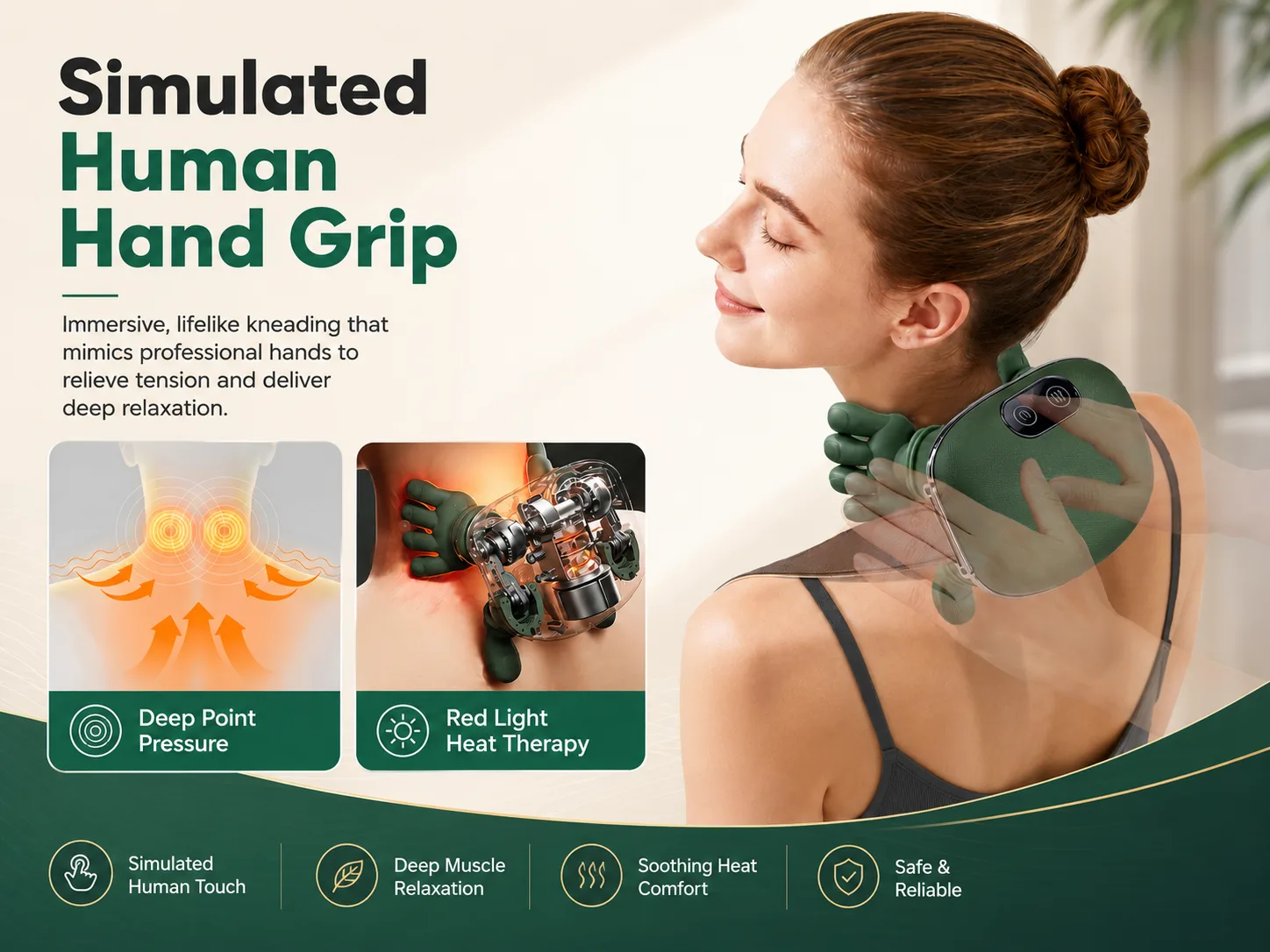 Simulated human hand grip that mimics professional hands for deep kneading