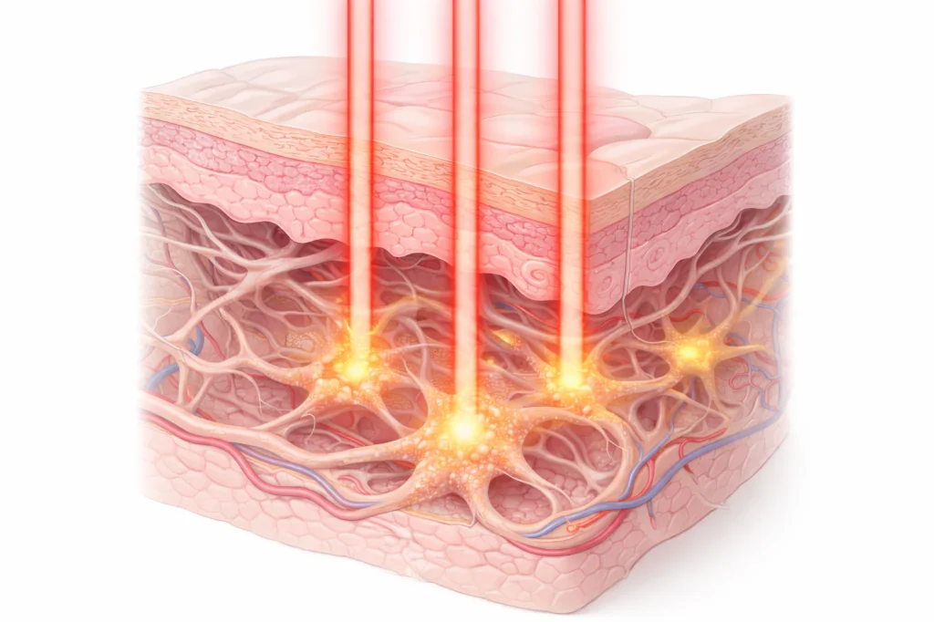 Medical illustration cross-section of skin showing red light therapy penetrating dermis layer activating fibroblast cells with ATP energy