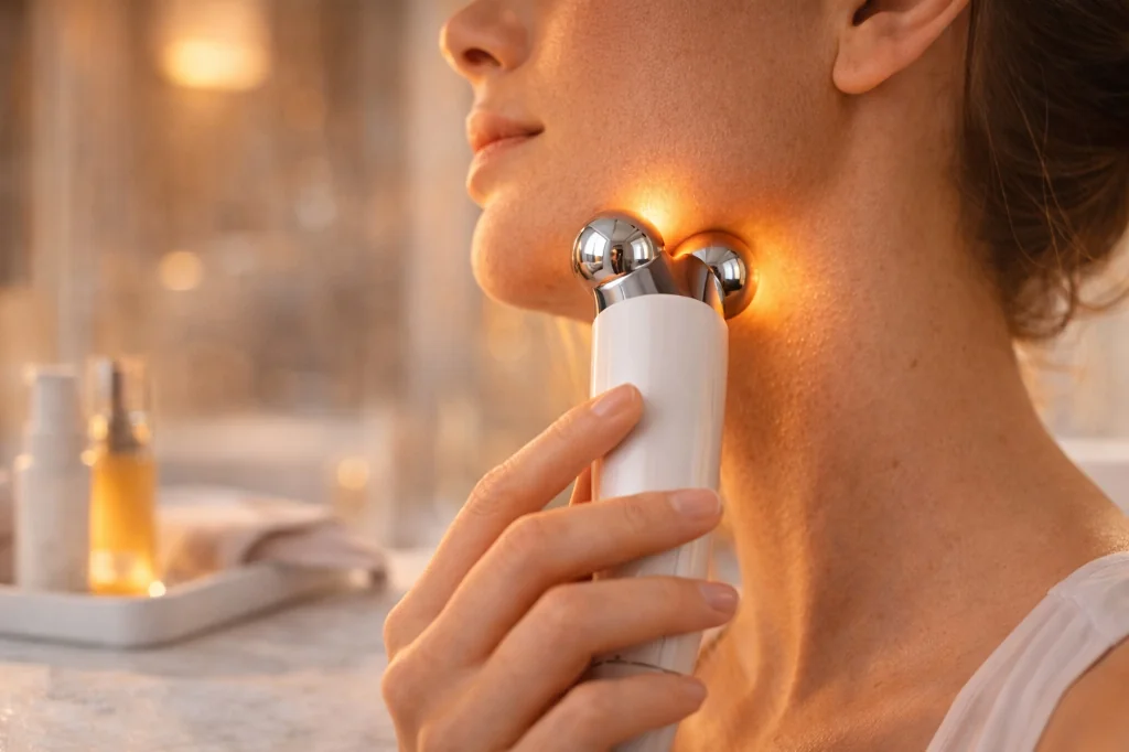 Woman using white microcurrent facial device on jawline in warm evening bathroom lighting showing proper skincare technique