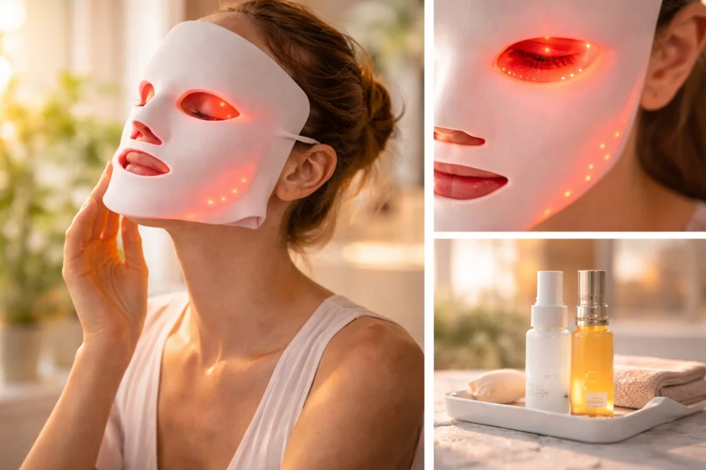 Woman wearing LED face mask with glowing red light therapy in bright morning bathroom with natural sunlight and skincare products