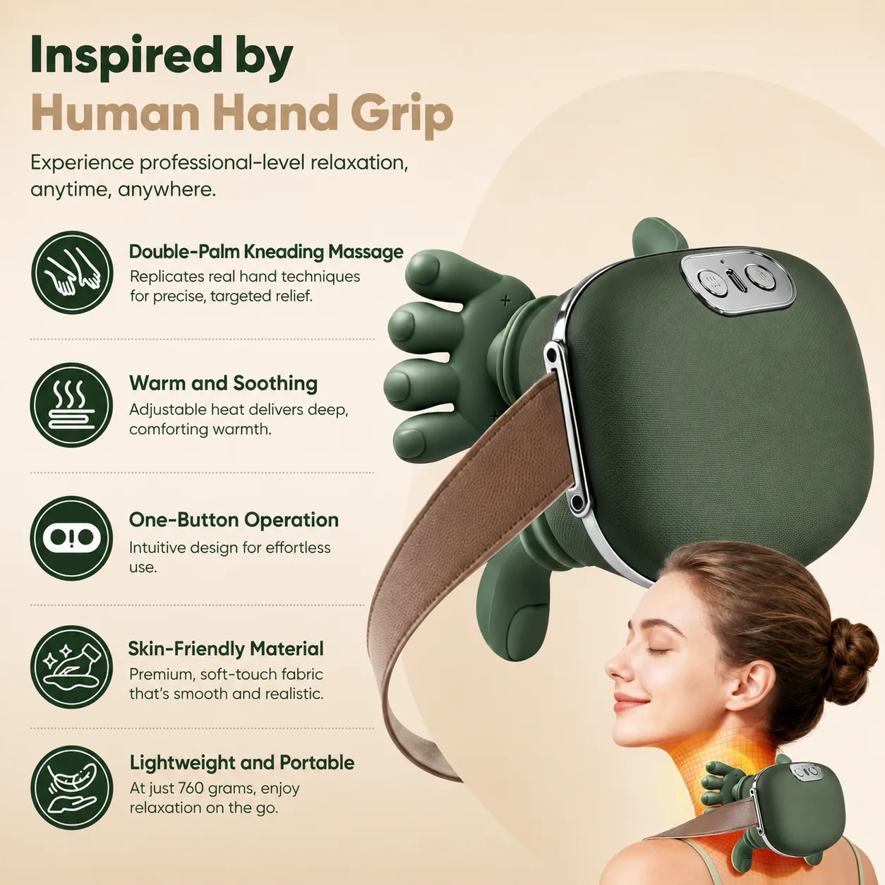 VIMINTO Cordless Neck & Shoulder Massager inspired by human hand grip, with key benefits