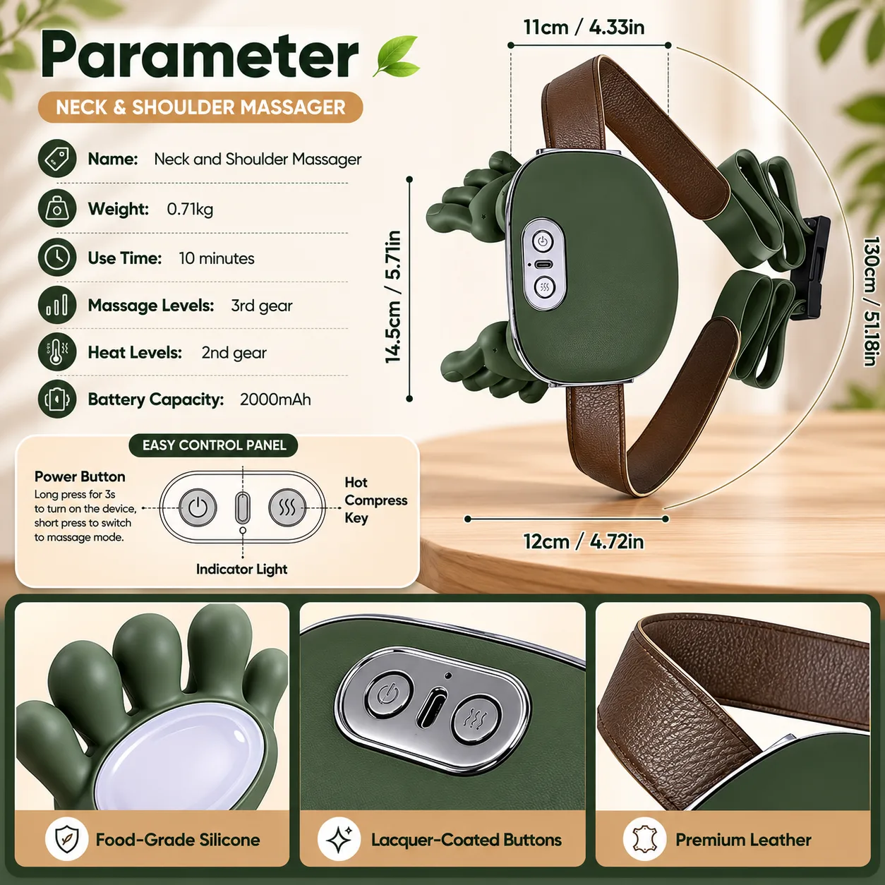 VIMINTO Neck Massager parameters: 0.71 kg, 10-minute auto-off, 3 massage and 2 heat levels