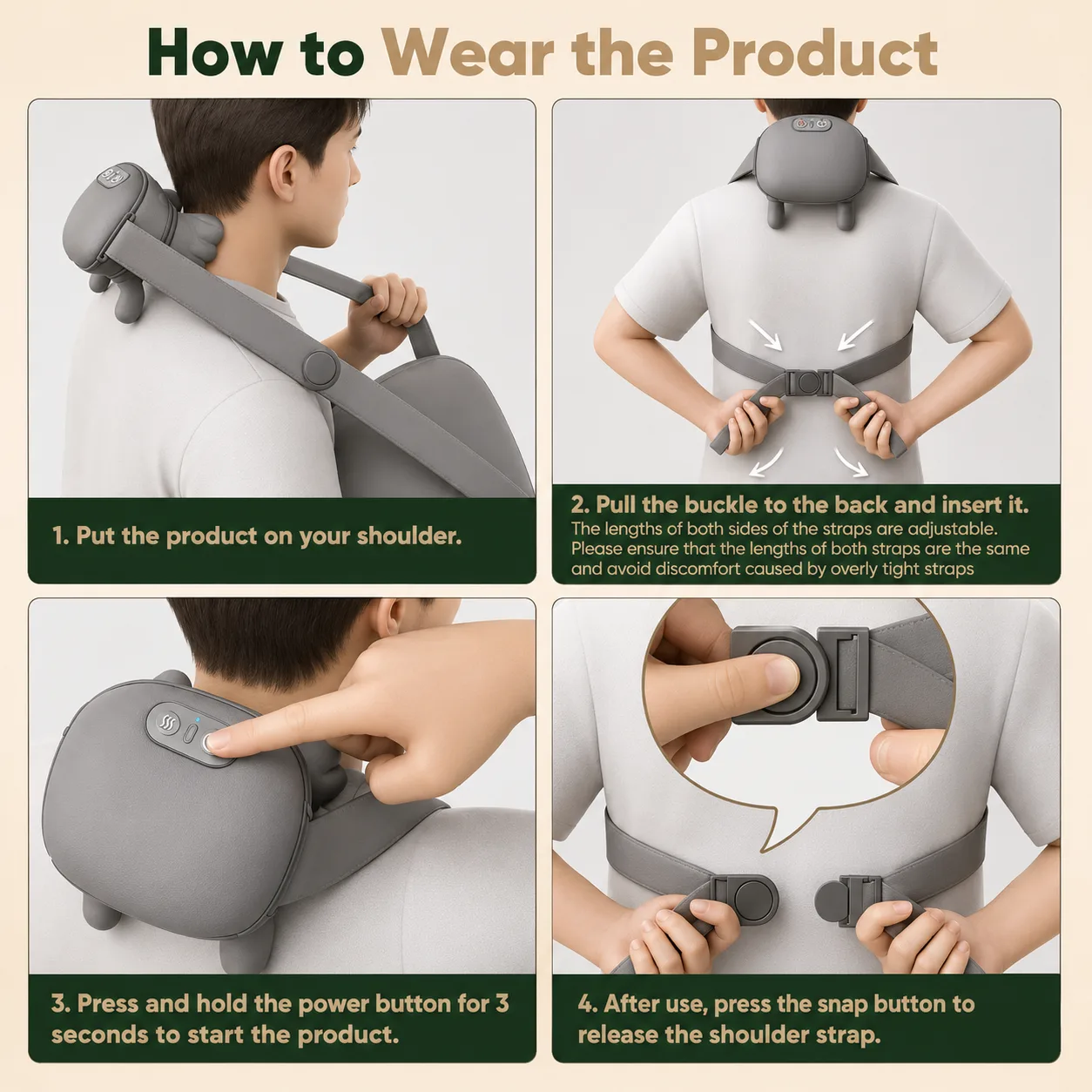 How to wear the VIMINTO neck and shoulder massager in four steps