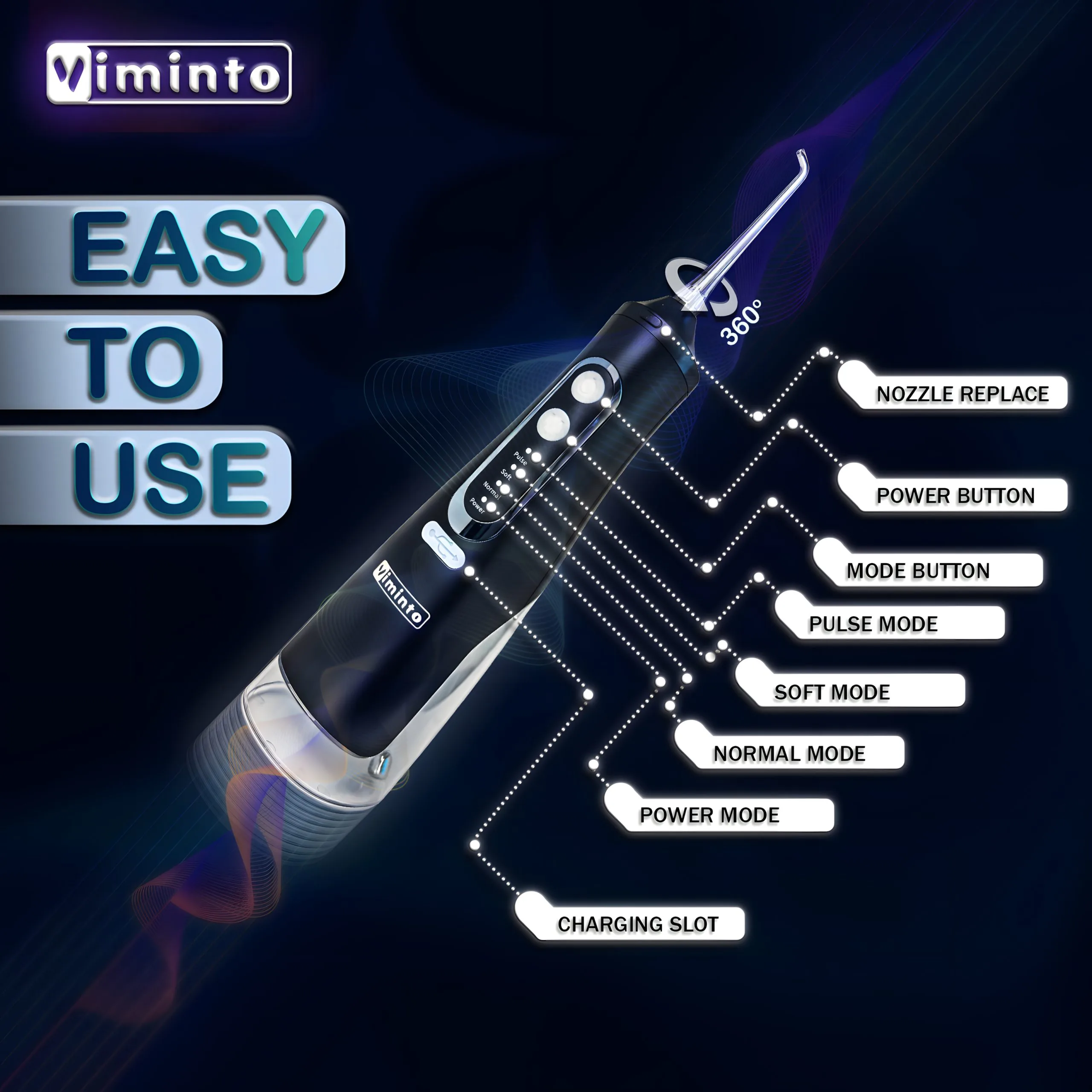 Detailed view of VIMINTO Water Flosser dual-jet nozzle